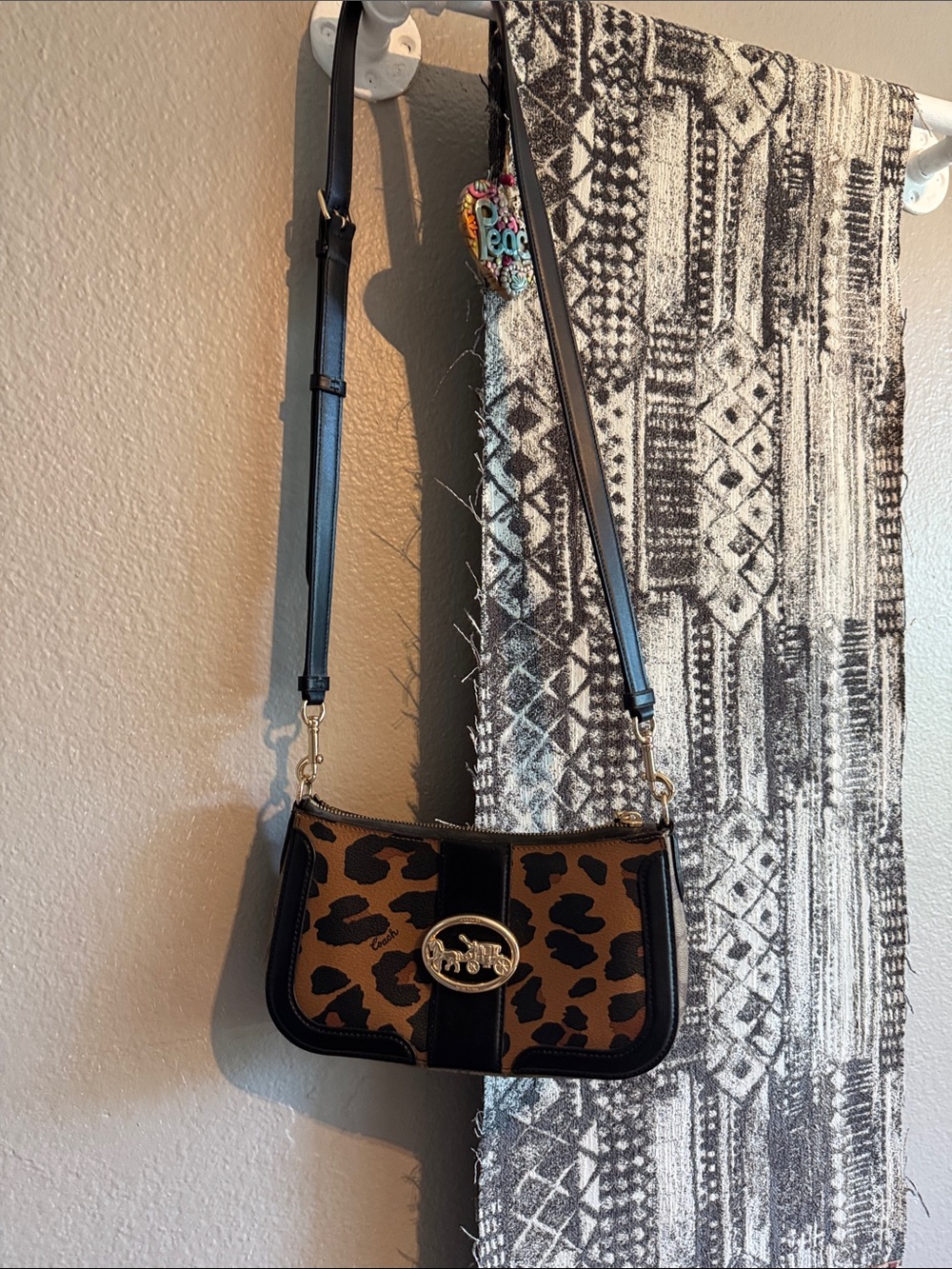 Brown Leopard Pattern Shoulder Bag with Black Trim